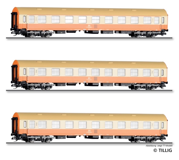 Tillig 70063 H0 Reisezugwagenset „Städteexpress“ der DR, bestehend aus drei
Reisezugwagen Typ Y/B 70