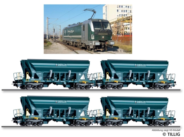 Tillig 01094 TT Güterzugset Sandtransport der Enercon GmbH, bestehend aus einer Elektrolokomotive BR 193 und vier Selbstentladewagen Faccns